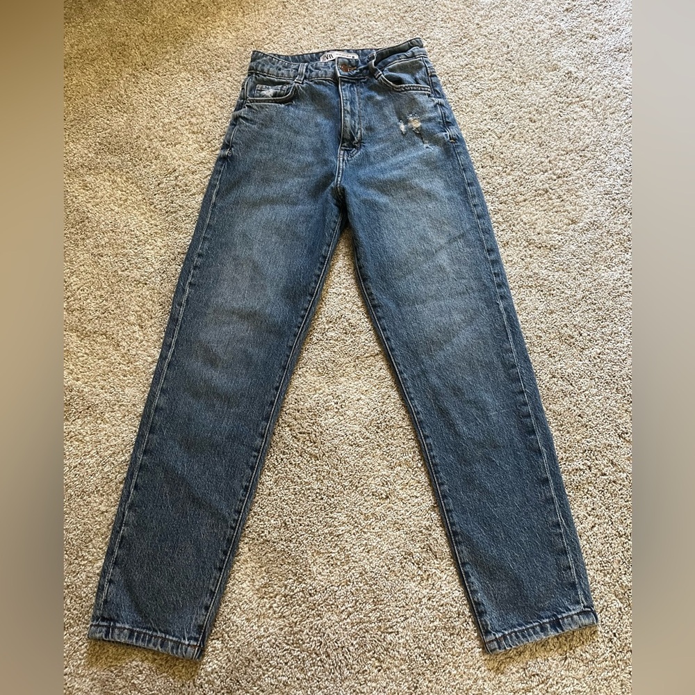 Zara Women’s Straight Leg Denim Jeans Size 2 Blue High Waisted Pants Distressed